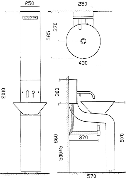 Technical image of Hudson Reed Sass Vanity Unit With Cabinet, Basin & Tap (White).  250x2010mm.