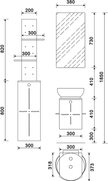 Technical image of Hudson Reed Orb Wall Hung Bathroom Furniture Pack (Black & White).