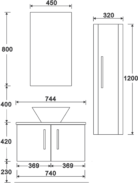 Technical image of Hudson Reed Lumina Wall Hung Furniture Pack (White Granite Worktop).