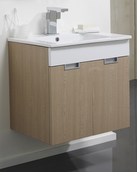 Larger image of Hudson Reed Quintus Wall Hung Vanity Set (Oak & White). 585x540x440mm.