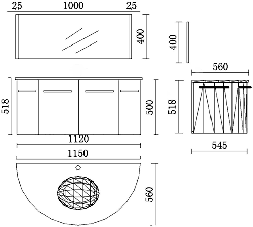 Technical image of Hudson Reed Moon Wall Hung Furniture Set (High Gloss Black).