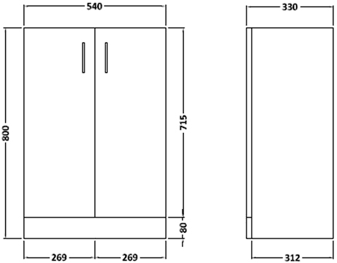 Technical image of Ultra Liberty Vanity Unit With Reversible Basin (Black). 550x800x330mm.