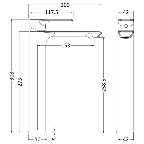 Technical image of Nuie Limit Tall Basin & Bath Shower Mixer Tap Pack With Kit (Chrome).