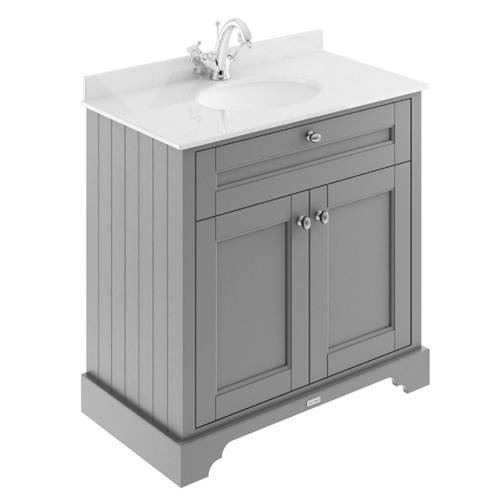 Old London Storm Grey Woodgrain 2 Door Vanity Unit With White Marble Countertop And Round Ceramic Basin | | Mdf | 800Mm - Image 3