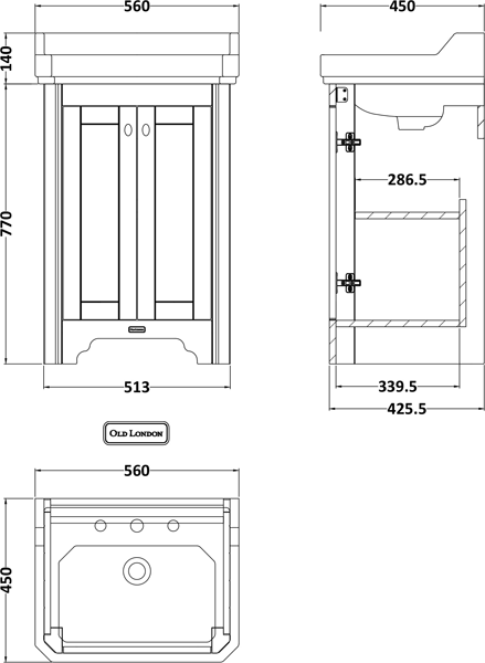 Technical image of Old London Furniture Vanity Unit With Basins 560mm (Grey, 2TH).