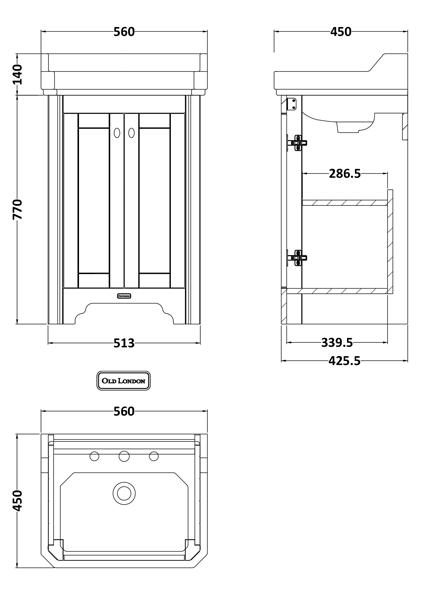 Technical image of Old London Furniture Vanity Unit With Basins 560mm (Grey, 3TH).