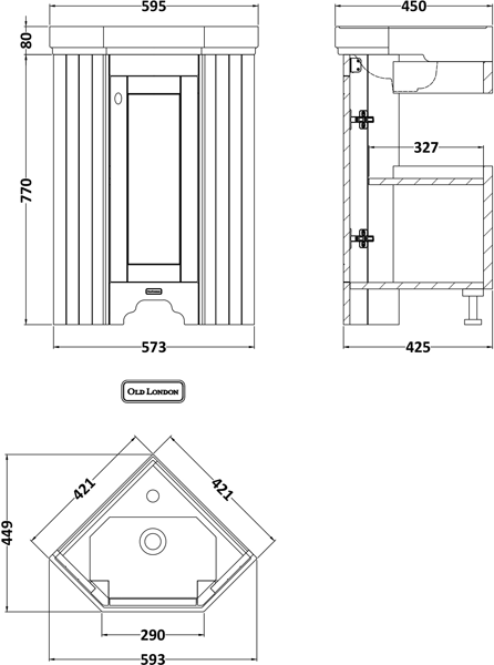 Technical image of Old London Furniture Corner Vanity Unit With Basins (Twilight Blue, 1TH).