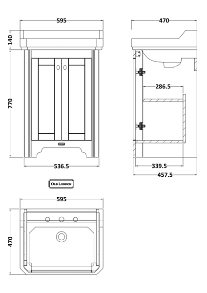 Technical image of Old London Furniture Vanity Unit With Basins 595mm (Sand, 1TH).