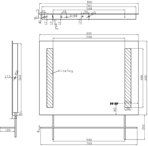 Technical image of Hudson Reed Mirrors Visage Mirror, Clock, De-Mister & Shelf (800x600).