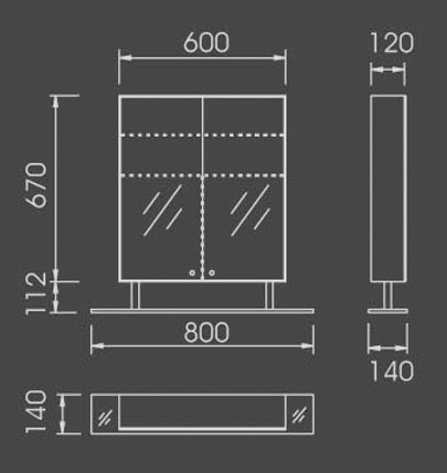 Technical image of Hudson Reed Dakota stainless steel mirror bathroom cabinet. 600mm.