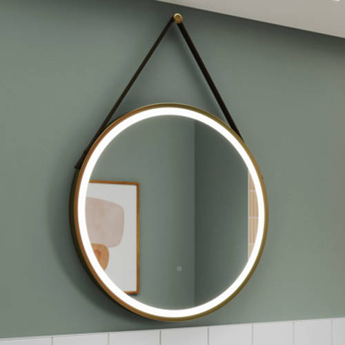 nuie LQ712 Salana Modern Bathroom Wall Hung Framed LED Touch Sensor Mirror, 600mm, Brushed Brass/Brown Strap - Image 7