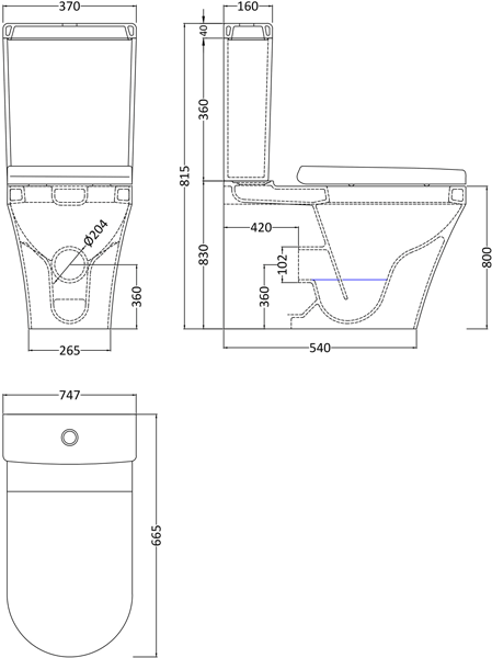 Technical image of Hudson Reed Ceramics Luna Flush To Wall Toilet, Seat, 425mm Basin & Ped.