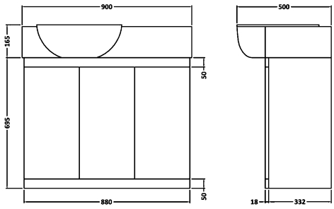 Technical image of Ultra Lux Vanity Unit With Ceramic Basin (White). 900x695x500mm.