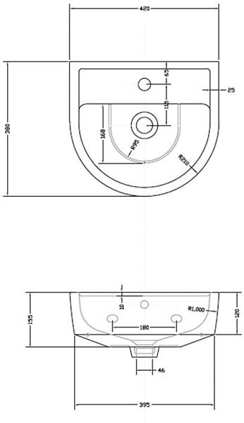 Technical image of Premier Marlow Basin & Semi Pedestal (1 Tap Hole, 420mm).