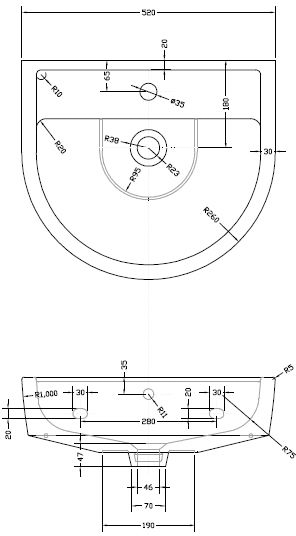 Technical image of Premier Marlow Flush To Wall Toilet With 520mm Basin & Semi Pedestal.