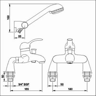 Technical image of Ultra Colonade Single lever bath shower mixer with shower kit.