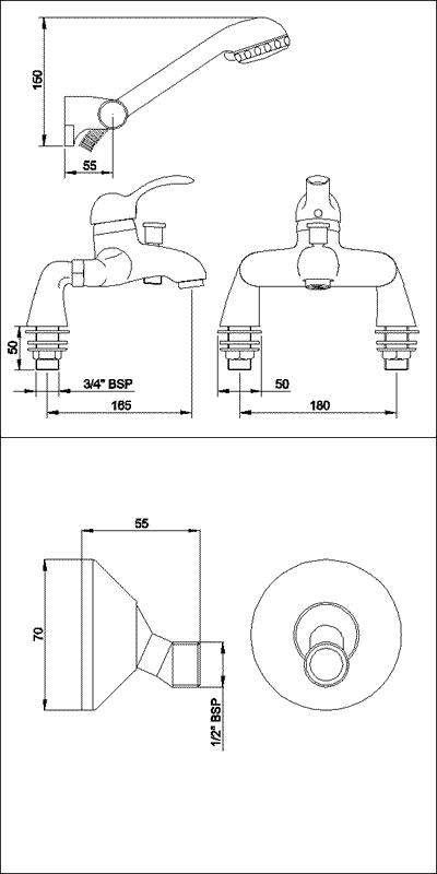 Technical image of Ultra Colonade Single lever wall mounted bath shower mixer & shower kit.