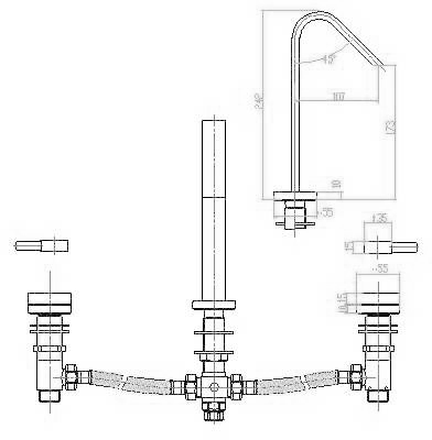 Technical image of Hudson Reed Clio 3 Tap hole Bath Mixer with swivel spout.