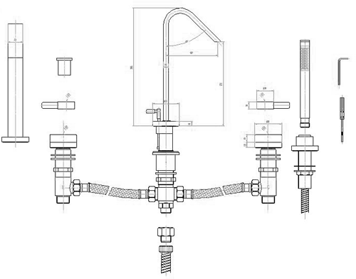 Technical image of Hudson Reed Clio 4 Tap hole Bath Mixer with Shower kit and swivel spout.