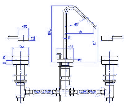 Technical image of Hudson Reed Clio Dis 3 Tap hole Basin Mixer with pop up waste and swivel spout.