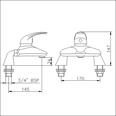 Technical image of Ultra Liscia Single lever deck mounted bath filler.