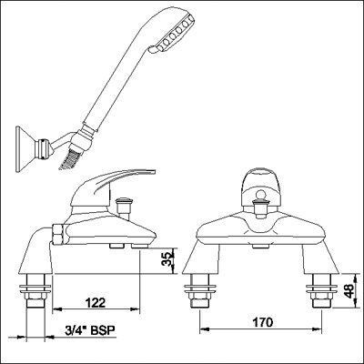 Technical image of Ultra Liscia Single lever deck mounted bath shower mixer.