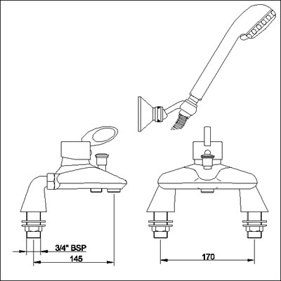 Technical image of Ultra Iris Single lever deck mounted bath shower mixer.