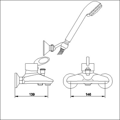 Technical image of Ultra Iris Single lever wall mounted bath shower mixer.