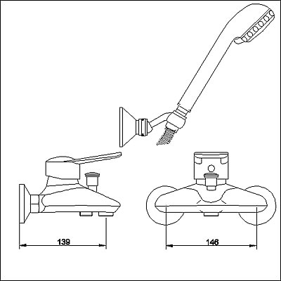 Technical image of Ultra Tara Rosa Single lever wall mounted bath shower mixer.