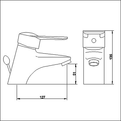 Technical image of Ultra Tara Rosa Single lever mono basin mixer tap with pop-up waste.