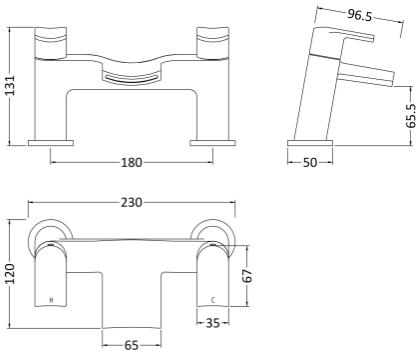 Technical image of Nuie Mona Waterfall Basin & Bath Filler Tap Pack (Chrome).