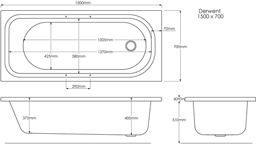 Technical image of Crown Baths Marshall Single Ended Acrylic Bath With Handles. 1500x700.