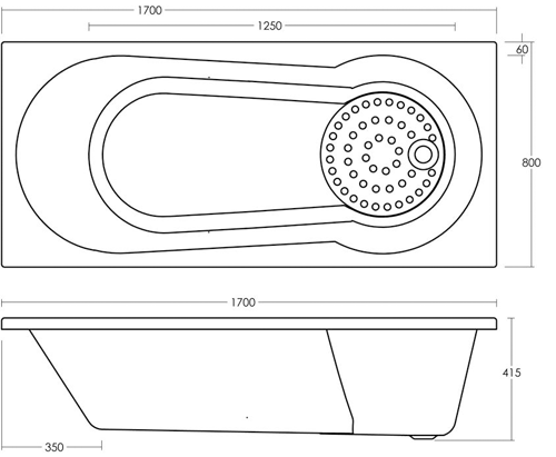 Technical image of Crown Baths Marina Keyhole Shower Bath. 1700x800mm.