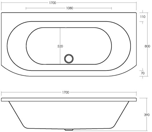 Technical image of Nuie Luxury Baths Double Ended Back To Wall Bath. 1700x800mm.