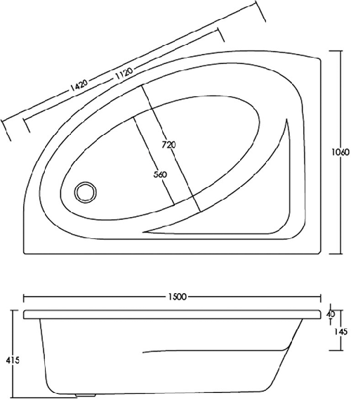Technical image of Nuie Luxury Baths Pilot Offset Corner Bath & Panel (LH, 1500x1000mm).
