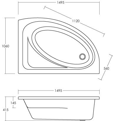 Technical image of Nuie Luxury Baths Pilot Offset Corner Bath (Right Handed, 1500x1000mm).