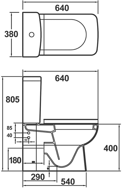 Technical image of Hudson Reed Arlo Compact Flush To Wall Toilet Pan With Cistern & Seat.