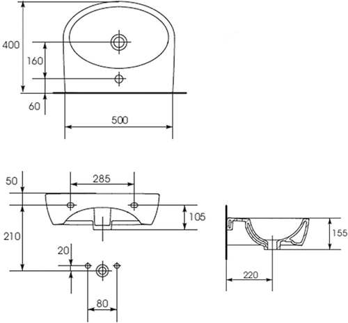 Technical image of Premier Cairo 500mm Basin & Full Pedestal (1 Tap Hole).