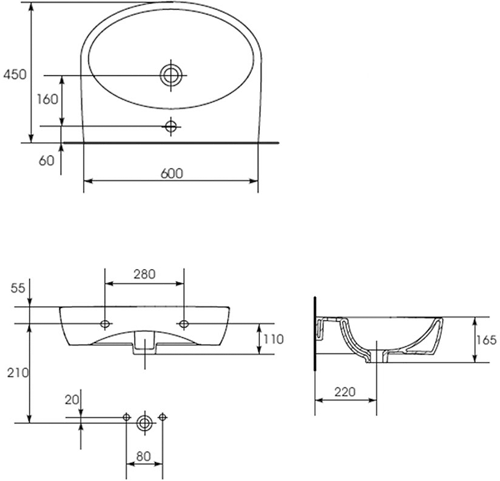 Technical image of Premier Cairo 600mm Basin & Semi Pedestal (1 Tap Hole).