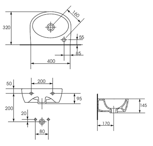 Technical image of Premier Cairo 400mm Basin & Bottle Trap (1TH, Right Handed).