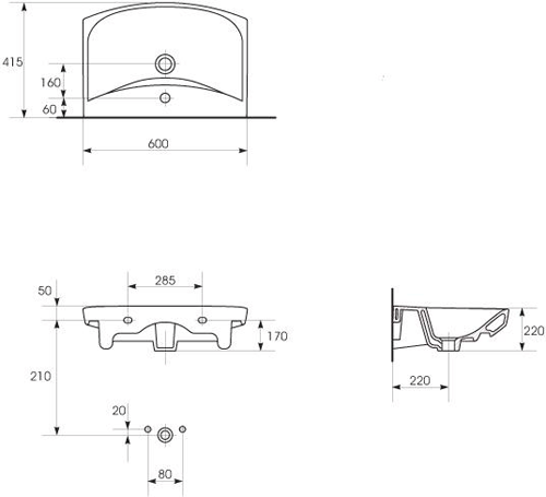 Technical image of Premier Ceramics Hamilton 600mm Basin & Semi Pedestal.