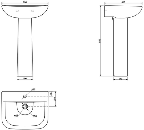 Technical image of Premier Carmela Basin & Full Pedestal (1 Tap Hole, 550mm).