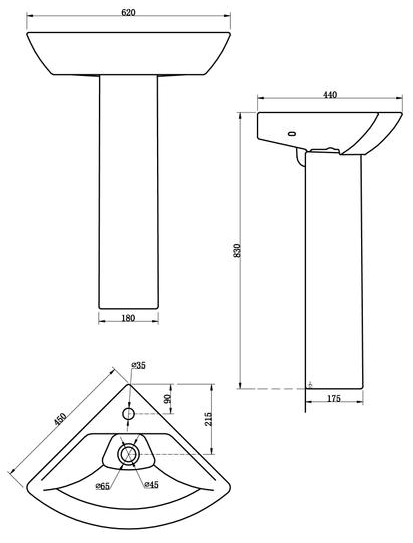 Technical image of Premier Carmela Corner Basin & Full Pedestal (1 Tap Hole, 450mm).