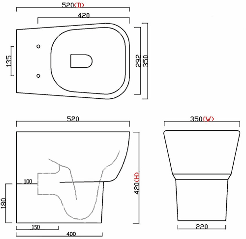 Technical image of Hudson Reed Ceramics Back to Wall Toilet Pan (BTW).