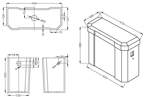 Technical image of Old London Richmond High Level Traditional Toilet Pan With Cistern.