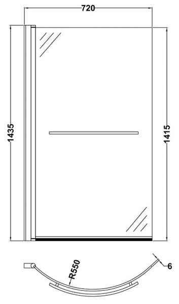 Technical image of Nuie Bath Screens Curved Shower Bath Screen With Towel Rail (1400x720).