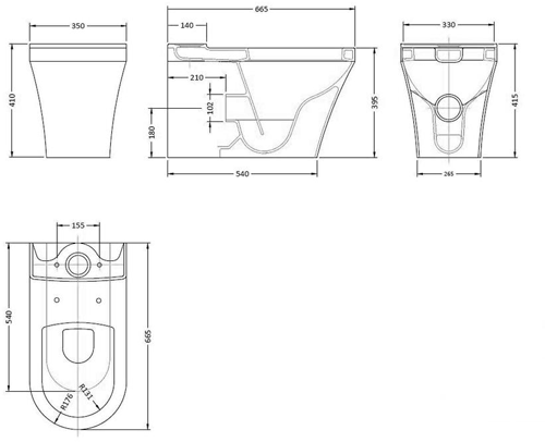 Technical image of Premier Marlow Flush to Wall Toilet Pan & Cistern.