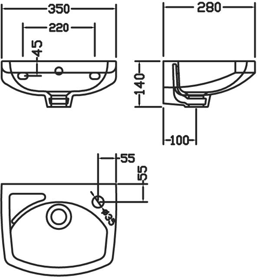Technical image of Premier Brisbane Wall Hung Basin (350mm, 1 Tap Hole).