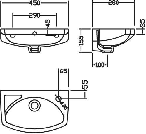 Technical image of Premier Brisbane Wall Hung Basin (450mm, 1 Tap Hole).