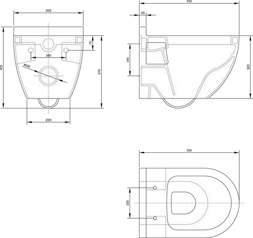 Technical image of Premier Marlow Round Wall Hung Toilet Pan, Frame & Luxury Soft Close Seat.
